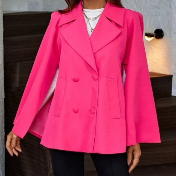 Chic Pink Cloak Sleeve Double Breasted Cape Blazer business - Picture 2 of 6